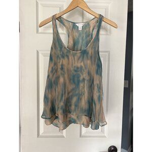 Kenar 100% Silk Tie Dye Tank Top Blue Beige Sheer Layered Racerback Women’s L
